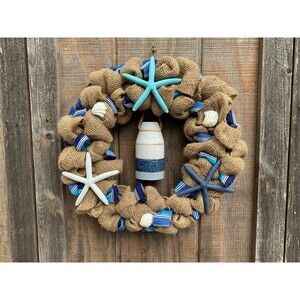 Coastal Nautical Natural Ruffled 18" Burlap Bouy, Starfish, Shell Wreath - New